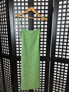 💗 Zara Green Pink Print Slip Dress Women's Medium Midi Lightweight 💗